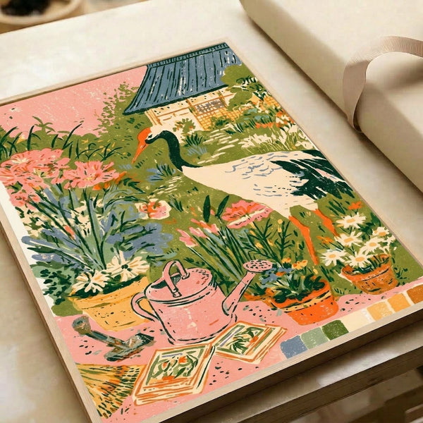 Contemplative watercolor poster showing a red-crowned crane in a cottage garden setting with flowering beds, potted plants, and charming house architecture in blush and sage tones.