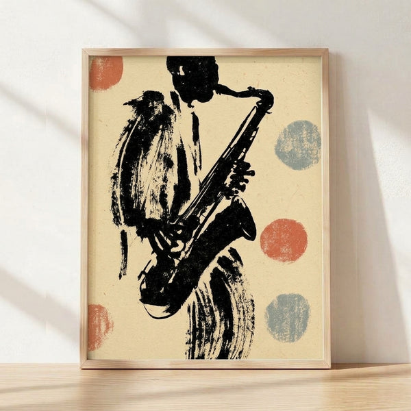 Vintage-style ink illustration of a jazz saxophonist in cream, black, and rust-red tones, framed as a retro wall art print with sophisticated nostalgic mood.