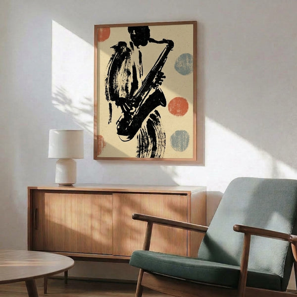Framed poster featuring a cool jazz musician playing saxophone rendered in classic ink style with cream, dusty-blue, and black vintage aesthetic.