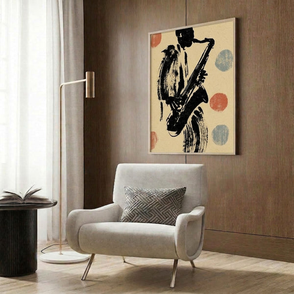 Retro jazz artwork showing a saxophonist figure in cream and rust tones with black accents, vintage ink drawing style conveying sophisticated cool vibes.