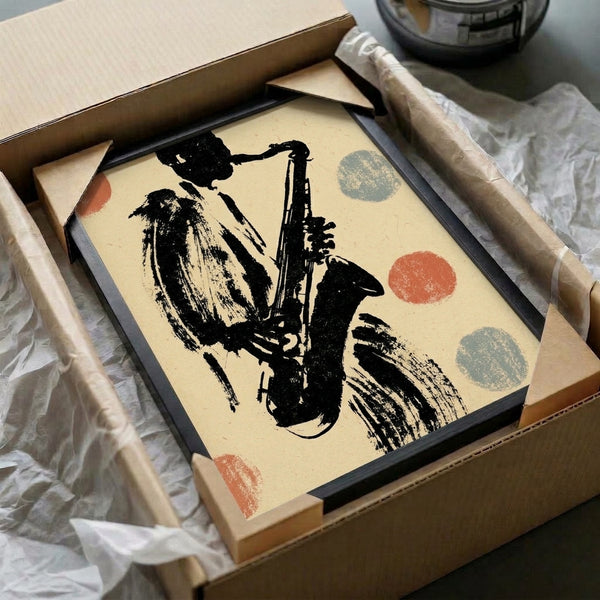 Nostalgic framed print of a jazz saxophonist in cream, black, and dusty-blue vintage ink style, sophisticated retro wall art for music lovers.