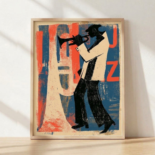 Vintage Bauhaus-style poster of a silhouetted jazz trumpeter in cream, red, and navy blue, evoking sophisticated 1920s cabaret aesthetics framed on a wall.