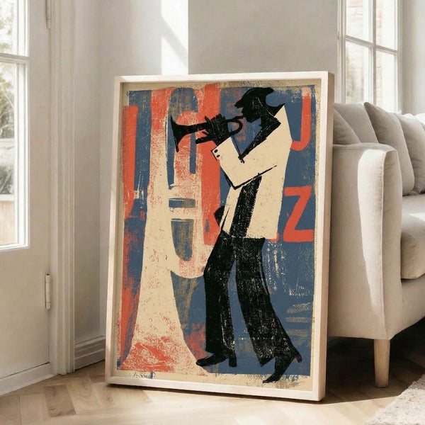 Retro art print featuring a dynamic trumpet player rendered in bold geometric Bauhaus design with warm ochre and deep navy tones, nostalgic and energetic.