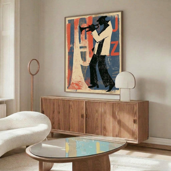 Dark academia wall art depicting a musician with trumpet in striking silhouette against cream background with red and black accents, vintage Bauhaus composition.