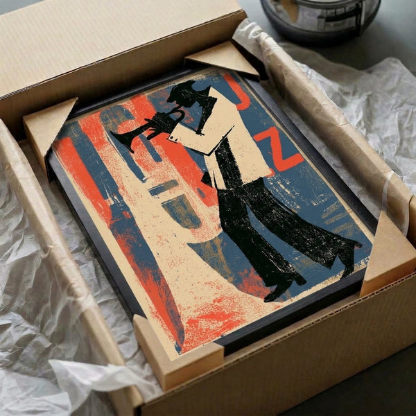 Sophisticated jazz-inspired poster showing a trumpeter figure in classic Bauhaus style using a palette of cream, navy, red, and ochre for vintage decor.