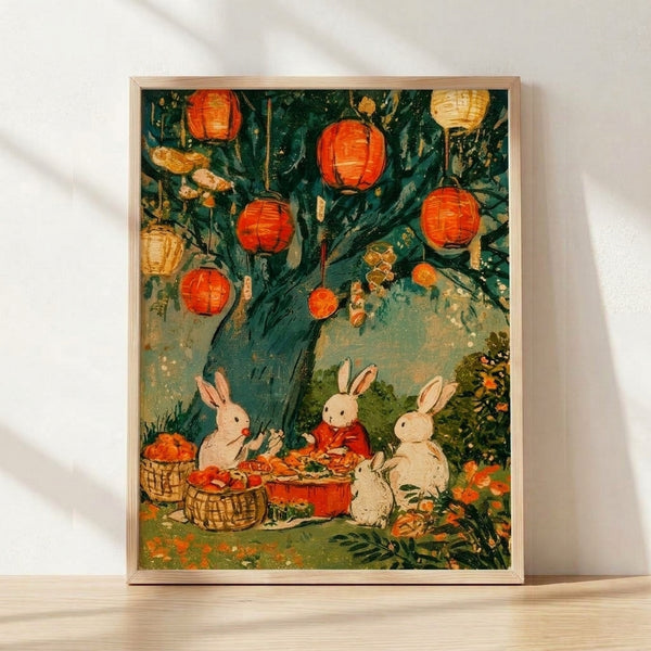Vintage cottagecore poster depicting whimsical rabbits celebrating among glowing lanterns and flower baskets in a garden setting, rendered in deep teal, burnt orange, cream, and sage green with gold accents.