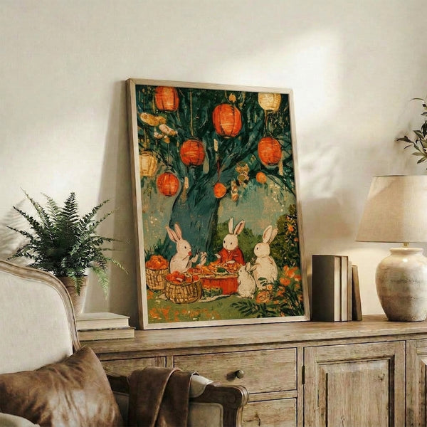 Framed art print showing festive rabbits gathered for a Mid-Autumn lantern feast surrounded by blooming flowers and decorative baskets, styled in nostalgic cottagecore aesthetic with rich jewel tones and warm metallic details.