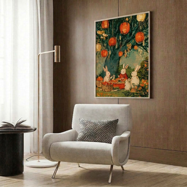 Whimsical vintage-style poster of rabbits enjoying a lantern celebration in a lush garden, featuring warm burnt orange and deep teal hues with delicate florals and gold highlights in cottagecore illustration.