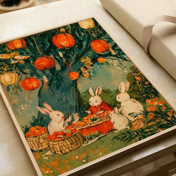 Nostalgic cottagecore wall art portraying enchanting rabbits at a lantern festival amid flowering gardens and woven baskets, rendered in a soft vintage palette of cream, sage, burnt orange, and teal with golden accents.