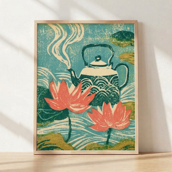 Vintage Japanese woodblock art print depicting a lotus teapot with curling steam rising above water and green leaves, rendered in teal, cream, coral red, and gold tones; serene and meditative framed wall art.