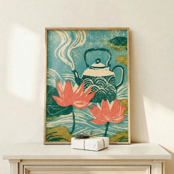Framed poster of a traditional Japanese woodblock-style teapot with lotus flowers and swirling steam, featuring a warm palette of teal, ochre gold, and muted coral on cream background.