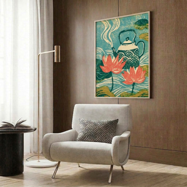 Japanese-inspired woodblock print showing an ornate teapot surrounded by lotus blooms and aromatic steam wisps, combining nostalgic craftsmanship with soothing teal, dark green, and warm gold hues.