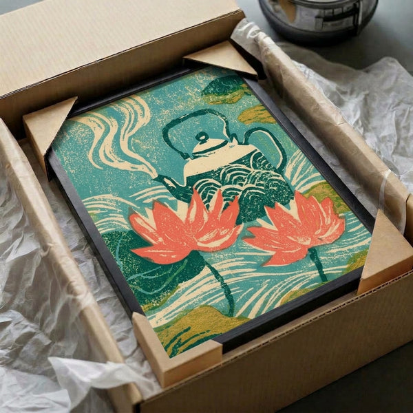 Serene woodblock art poster featuring a decorative teapot amid lotus flowers and rising steam, executed in vintage Japanese style with teal, cream, coral, and ochre tones that evoke meditative calm.