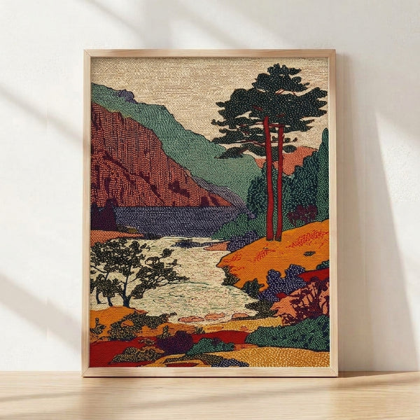 Vintage midcentury landscape poster featuring a serene pine forest with mountains and a calm lake, rendered in warm cream, burnt orange, and deep forest green tones with navy blue water accents.
