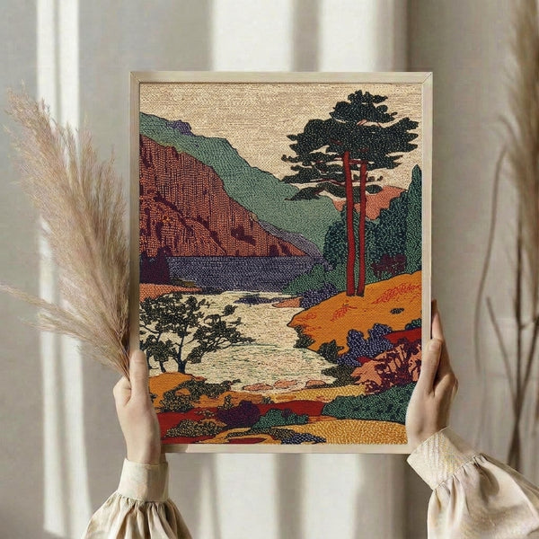 Retro nature wall art depicting a nostalgic mountain lake scene framed by evergreen trees and rocky cliffs, painted in earthy vintage colors of cream, dark green, and warm rust red.