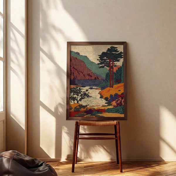 Midcentury modern art print showing a peaceful forest landscape with distant mountains and water, composed in a soothing palette of cream, navy, burnt orange, and dark green reminiscent of 1950s design.