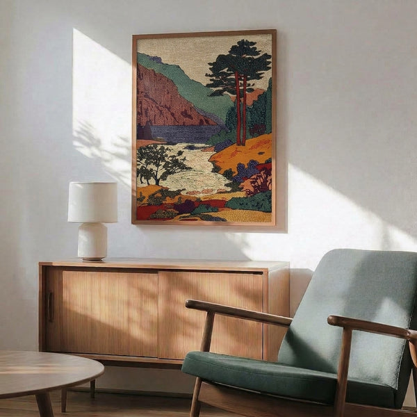 Vintage-style landscape poster of a tranquil river valley surrounded by forest and mountainous terrain, featuring nostalgic warm and cool tones of cream, deep green, red, and navy blue.