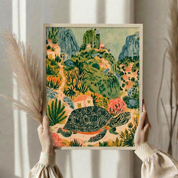 Vintage-style watercolor painting of a pastoral tortoise landscape featuring terracotta-roofed houses nestled among slate blue cliffs and coral orange wildflowers in a serene countryside setting.