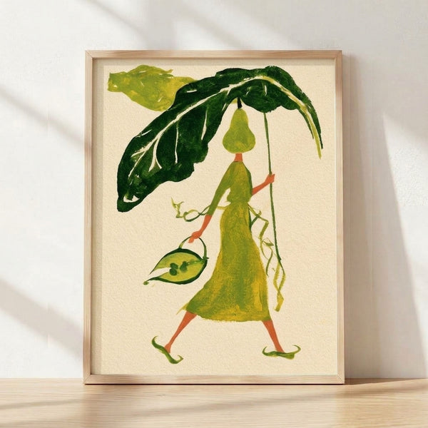 Whimsical vintage botanical illustration of a pear-shaped character holding a large leaf umbrella, rendered in sage green, chartreuse, coral red, and cream tones; framed poster displayed on wall.