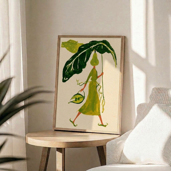 Charming folk art print featuring an anthropomorphic pear figure with forest green and coral accents, sheltering beneath an oversized decorative leaf; vintage botanical style wall art.