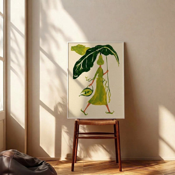 Cottage-style botanical poster depicting a playful pear character in cream and sage green hues, crowned with a whimsical leaf parasol; vintage illustration in muted earth tones.