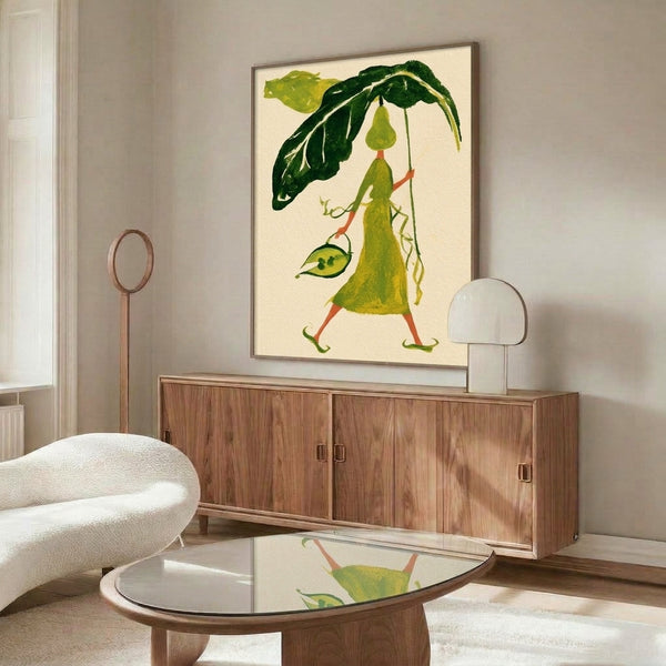 Educational vintage-inspired botanical art print showing a pear personage holding a leafy umbrella in chartreuse and coral; framed whimsical nature illustration for walls.