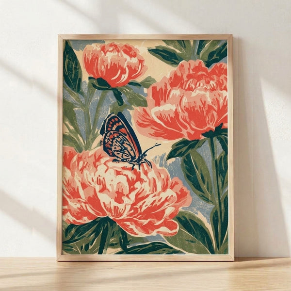 Art Nouveau poster featuring a coral red peony bloom with a monarch butterfly perched among sage green leaves and navy blue stems, rendered in vintage botanical style with an elegant, romantic mood.