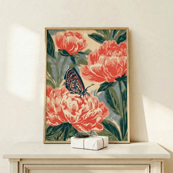 Framed vintage botanical print displaying an ornate peony flower in warm coral tones with a delicate butterfly, forest green foliage, and cream background in classic Art Nouveau design.
