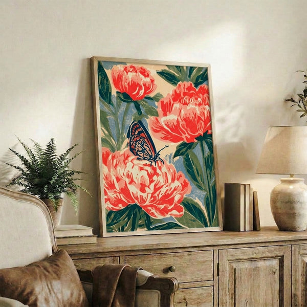 Elegant Art Nouveau wall art showcasing a richly detailed peony in coral red with a graceful butterfly, navy and sage green leafy stems against a soft cream backdrop.