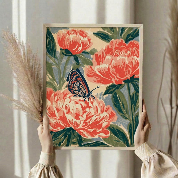 Serene vintage poster print of a blooming peony in coral hues accompanied by a butterfly, surrounded by ornamental forest green and navy blue botanical elements in Art Nouveau style.
