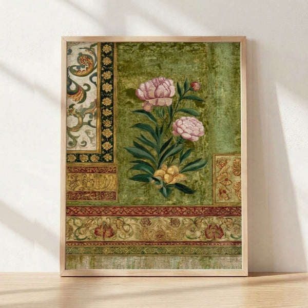 Elegant Art Nouveau peony botanical illustration in sage green, mauve pink, and gold on cream background, framed as vintage wall art.
