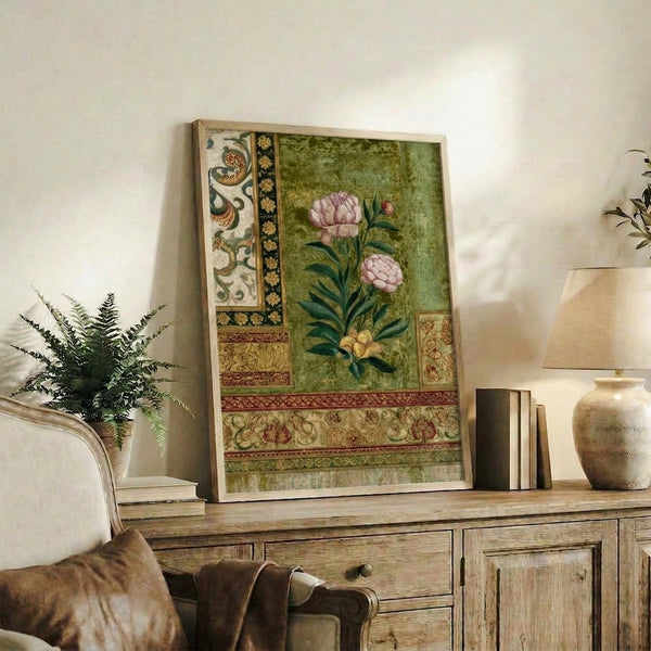 Vintage peony flower drawing with ornamental stems and leaves in soft mauve, sage green, and burgundy tones, Art Nouveau style poster.