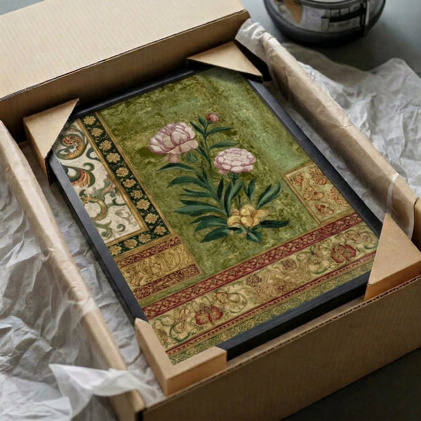 Art Nouveau peony botanical artwork with elegant flowering stems rendered in soft burgundy, sage, and gold hues on cream background.