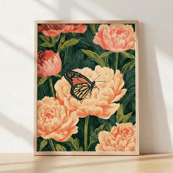 Art Nouveau framed poster featuring a monarch butterfly resting on coral pink peonies amid forest green and olive foliage, rendered in elegant vintage botanical style with romantic, serene mood.