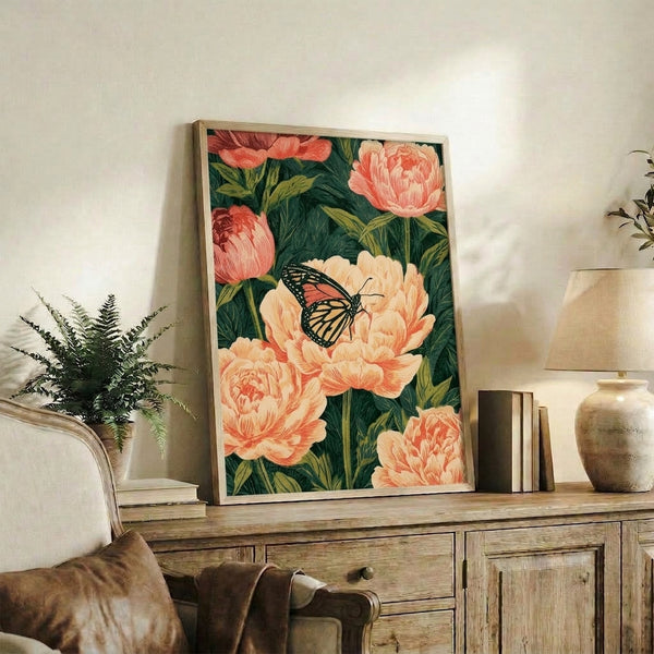 Vintage-inspired wall art print displaying delicate peonies in coral and cream tones with a monarch butterfly, surrounded by lush green leaves in romantic Art Nouveau aesthetic.