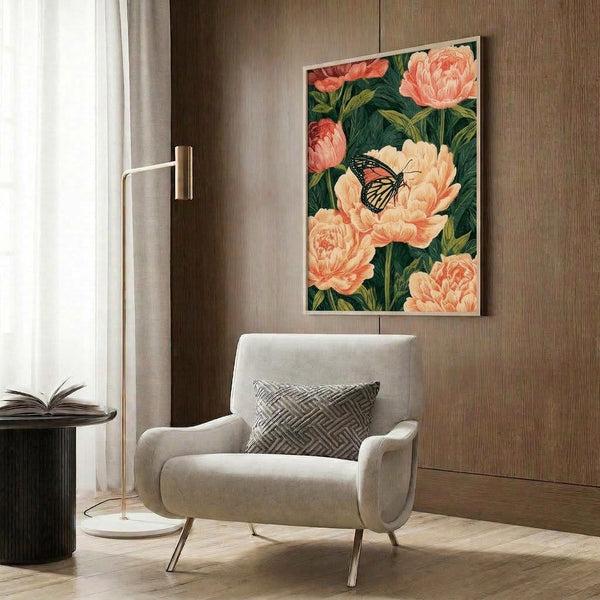 Framed botanical poster showcasing a monarch butterfly among romantic peony blooms in soft coral pink and cream, with forest green leaves and black linework in elegant Art Nouveau design.