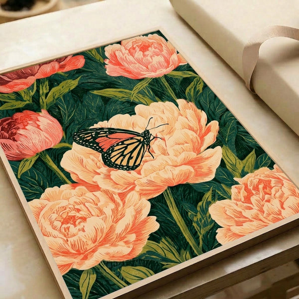 Serene Art Nouveau nature print of a monarch butterfly poised on full peony flowers in warm coral and cream hues, accented by olive and forest green botanical elements.