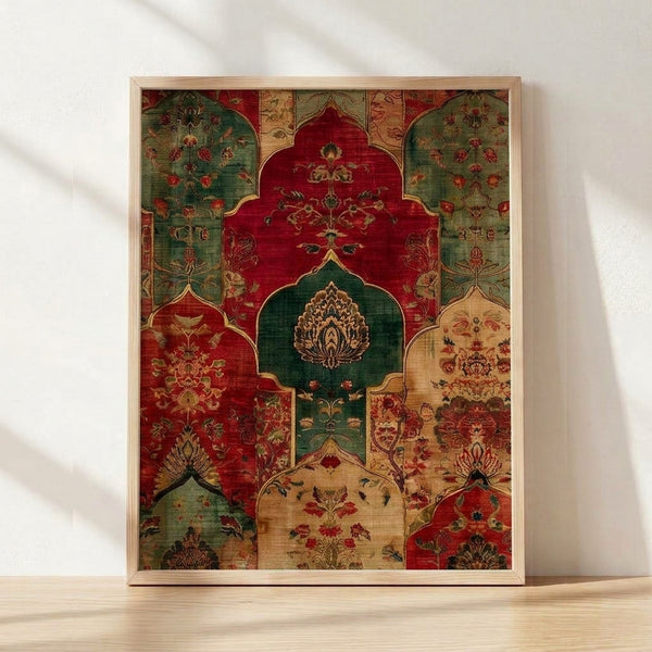 Framed art print of an ornate Persian textile design featuring a central lotus medallion surrounded by intricate palmette motifs in deep red, forest green, gold, and cream.