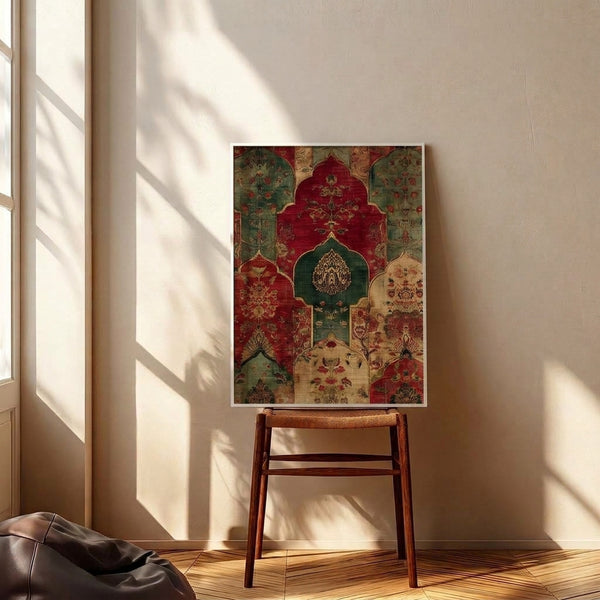 Vintage-inspired Art Deco poster displaying an opulent damask pattern with stylized lotus flowers and ornamental details in rich jewel tones of red, green, and gold.