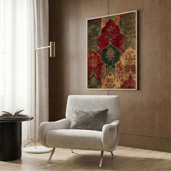 Sophisticated wall art print showcasing an antique Persian textile pattern with symmetrical lotus medallion and decorative scrollwork in rust, cream, and emerald hues.