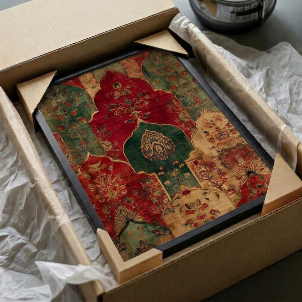 Ornamental framed print with a luxurious vintage Persian design featuring central lotus motif surrounded by elaborate palmette borders in deep reds and forest greens accented with gold.
