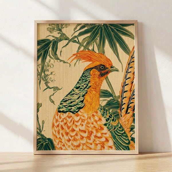 Vintage art nouveau poster of a golden pheasant perched among bamboo leaves in cream, orange, and teal green tones, displayed as framed wall art.