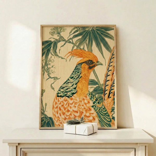 Elegant chinoiserie-inspired framed print featuring a pheasant with detailed feathers in warm golden hues surrounded by botanical bamboo foliage in muted earth and green tones.