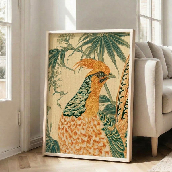Naturalistic vintage bird portrait of a golden pheasant with ornate plumage among leafy bamboo plants, rendered in cream, black, and soft teal accents as a framed poster.