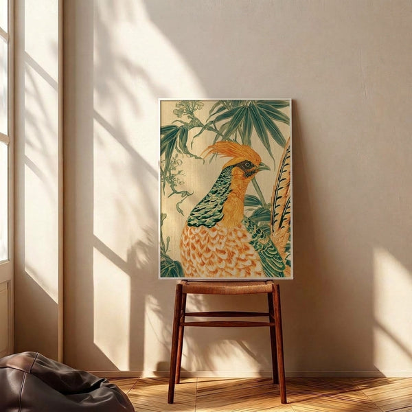 Refined botanical wall art print of a pheasant in golden and tan plumage amid delicate bamboo leaves, styled in vintage chinoiserie aesthetic with cream and teal green coloring.