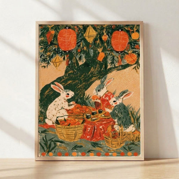 Whimsical folk art poster featuring a rabbit surrounded by lanterns, fruit baskets, and a stylized tree in forest green, burnt orange, and gold tones; vintage cottagecore celebration scene framed on a wall.