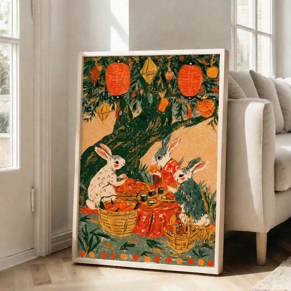Festive rabbit illustration in earthy terracotta, cream, and forest green with ornate lanterns and overflowing fruit baskets; nostalgic folk art print with whimsigoth charm displayed as framed wall art.