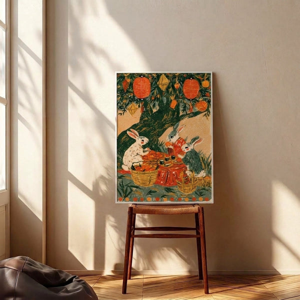 Charming vintage-style poster depicting a rabbit amid flowering trees, glowing lanterns, and harvest bounty in warm burnt orange and gold accents on cream; cottagecore festive scene as framed art.