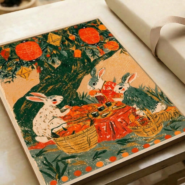 Folk art Lunar New Year celebration print showing a whimsical rabbit with lanterns, fruit, and botanical tree motifs in rich forest green and terracotta; nostalgic cottagecore wall poster with golden details.