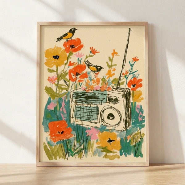 Minimalist line art poster featuring a vintage radio with whimsical birds and colorful flowers in cream, orange, yellow, teal, and pink tones.
